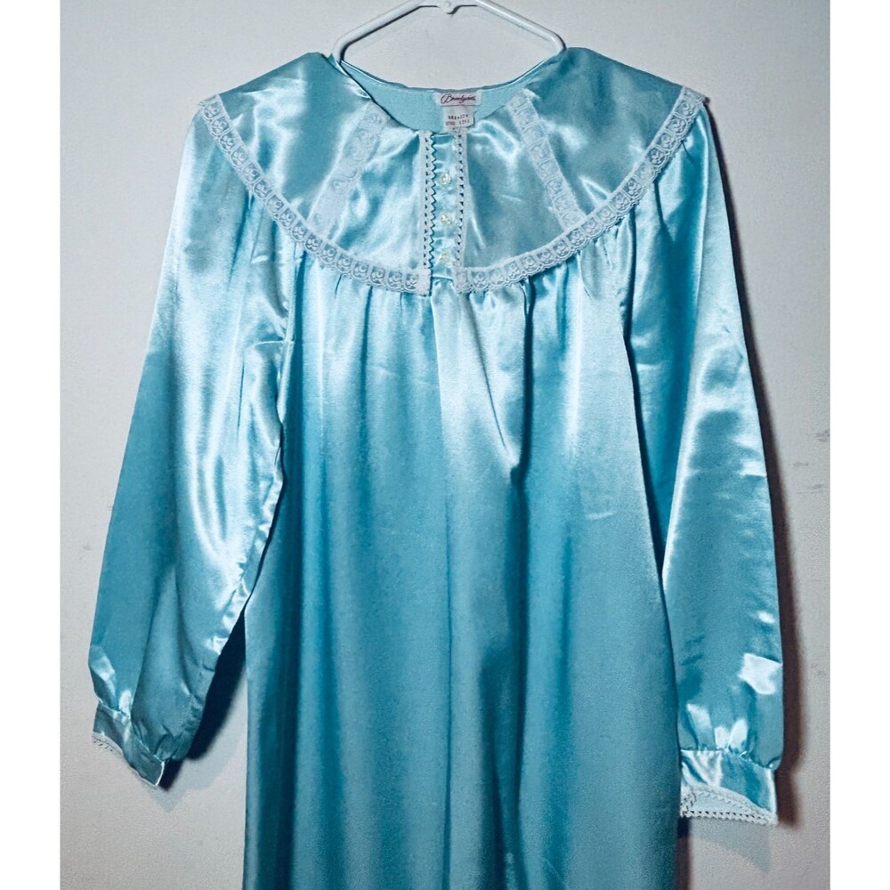 Vintage Brandywine Blue Satin Lace Peter Pan Collar Modest Nightgown Size M